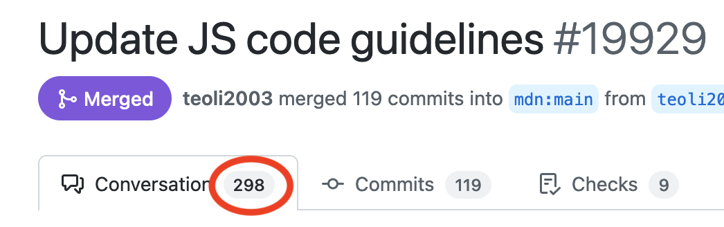 Screenshot of the PR to update the JS guidelines on MDN, highlighting the very large number of comments